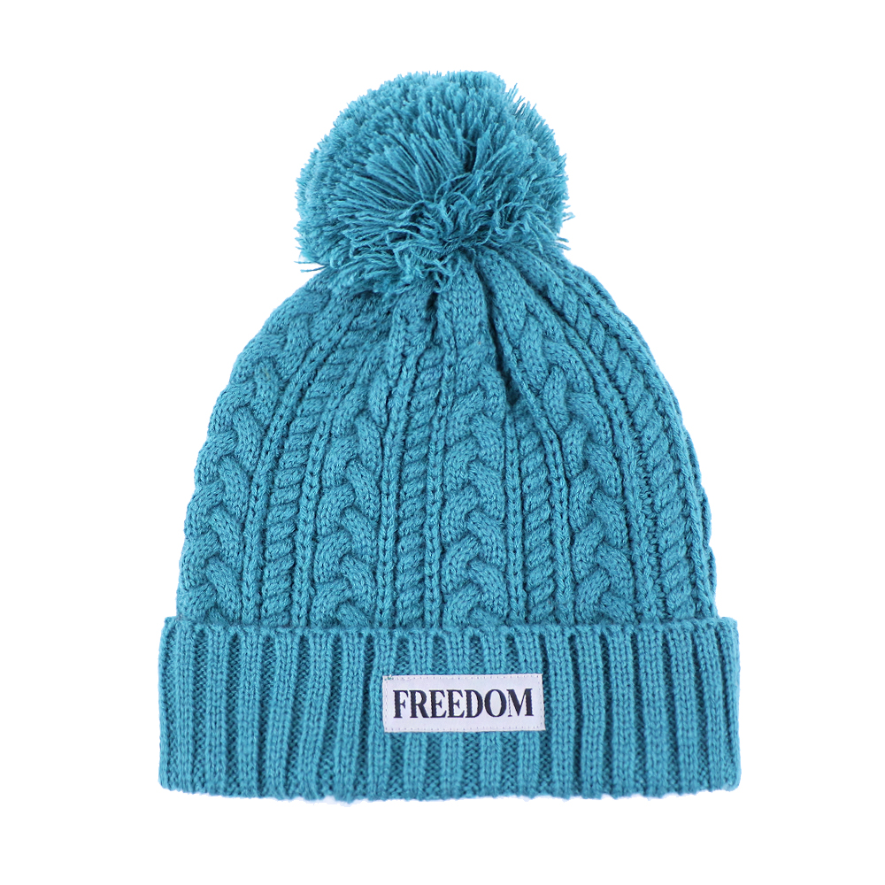 Blue Cable Knit Pom Pom Beanie with FREEDOM Patch