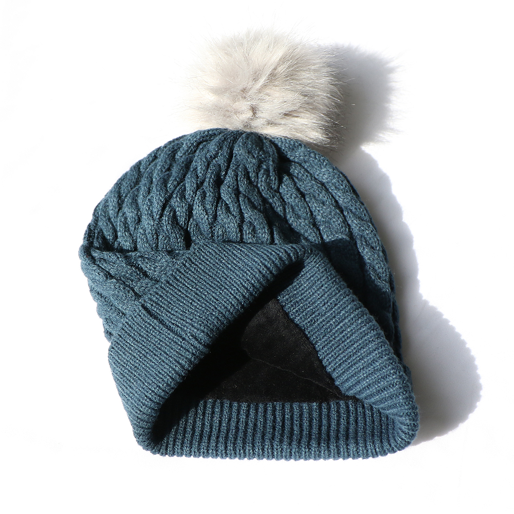 Winter Cable Knit Beanie with Faux Fur Pom Pom