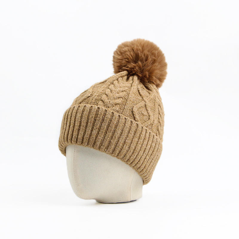 Warm Cable Knit Beanie with Faux Fur Pom Pom and Folded Cuff