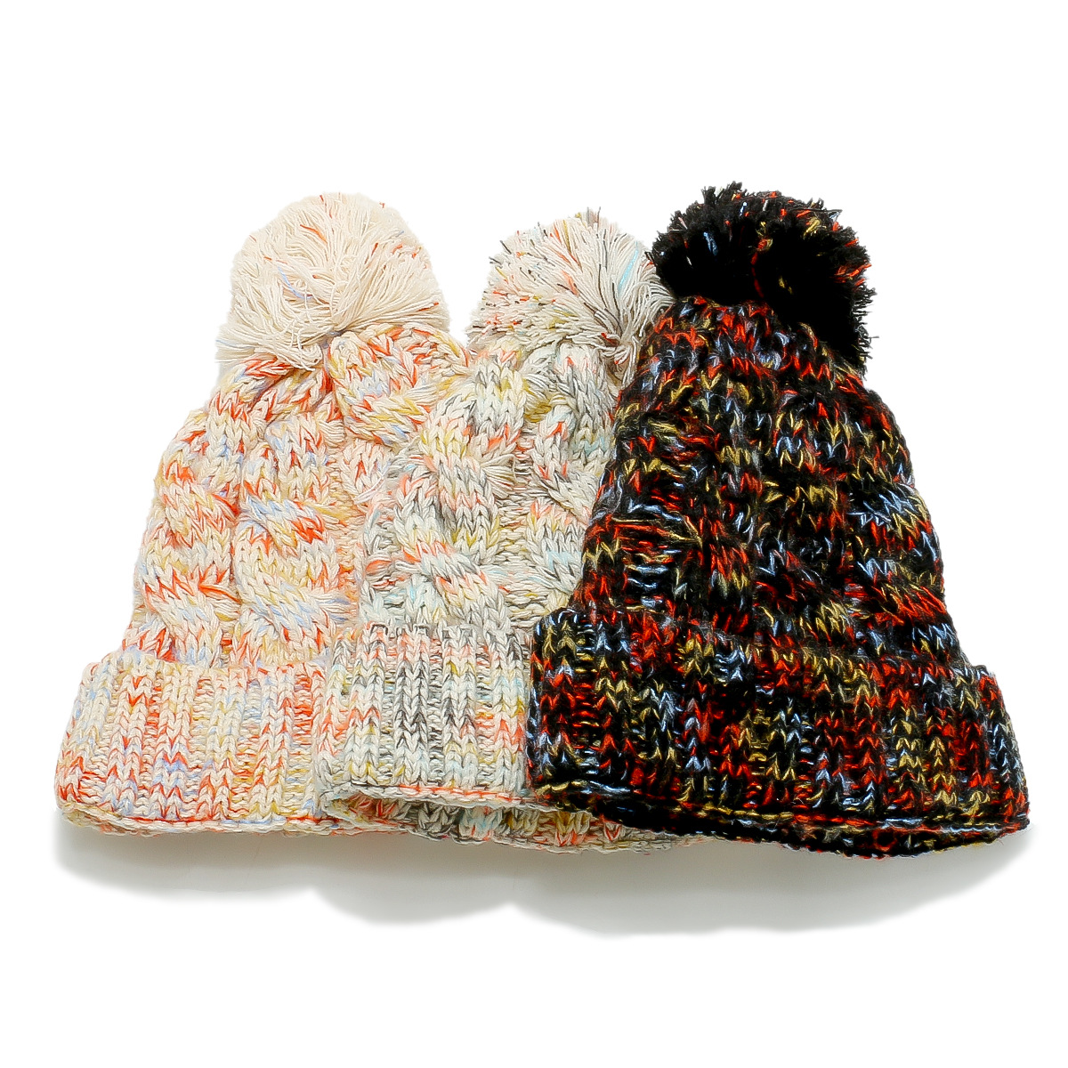 Multicolor Cable Knit Cuffed Pom Pom Winter Beanie Set
