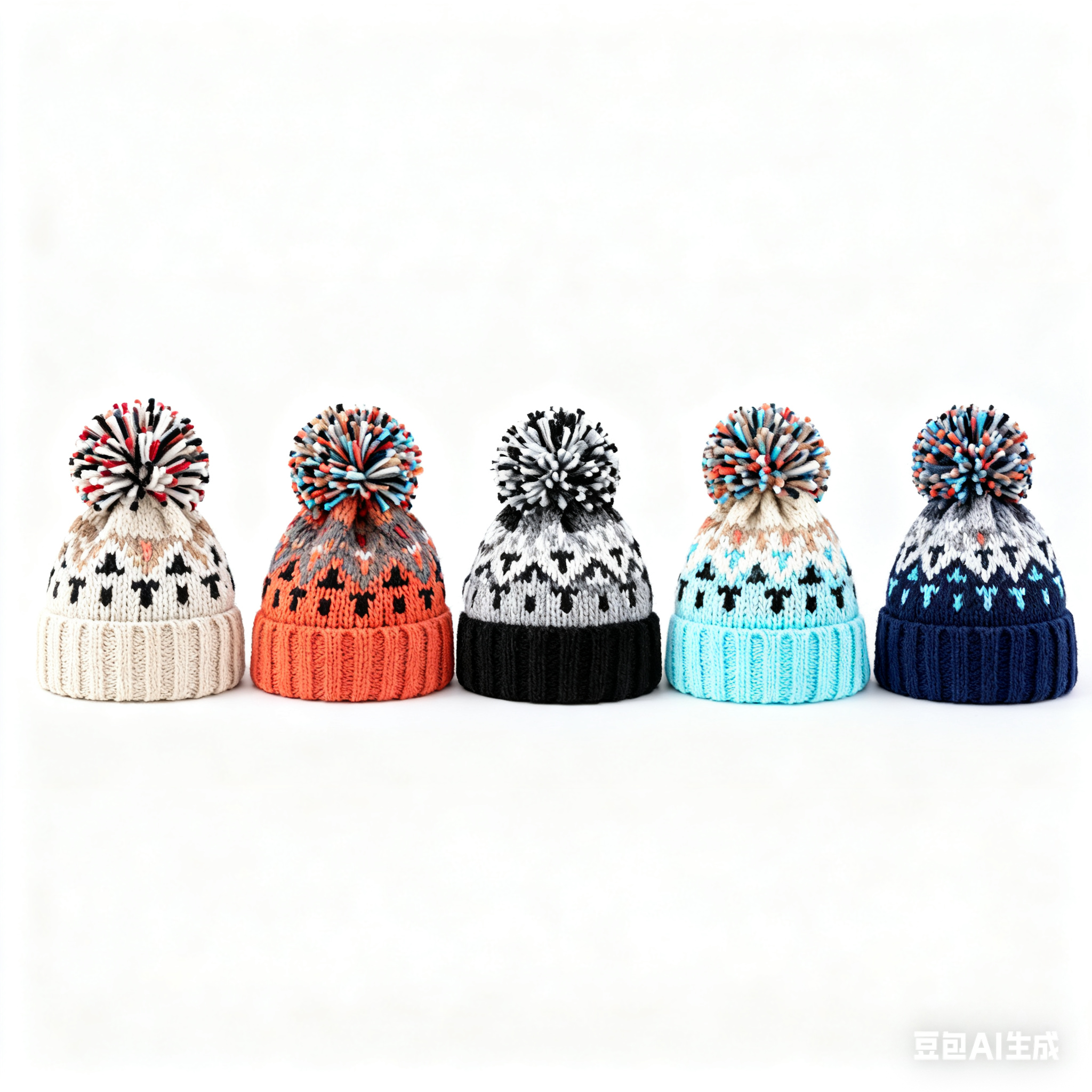 Multicolor Winter Knit Beanie Hat with Pom Pom and Nordic Pattern