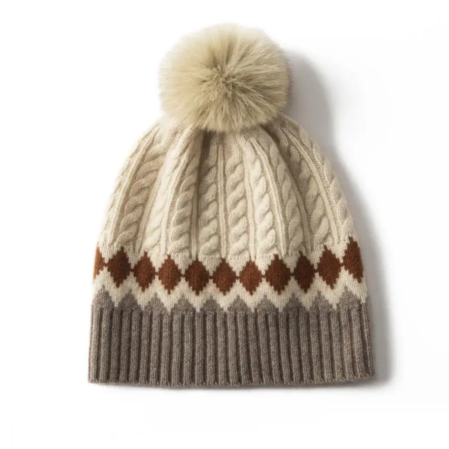 Winter Cable Knit Cuffed Pom Pom Beanie with Faux Fur Ball