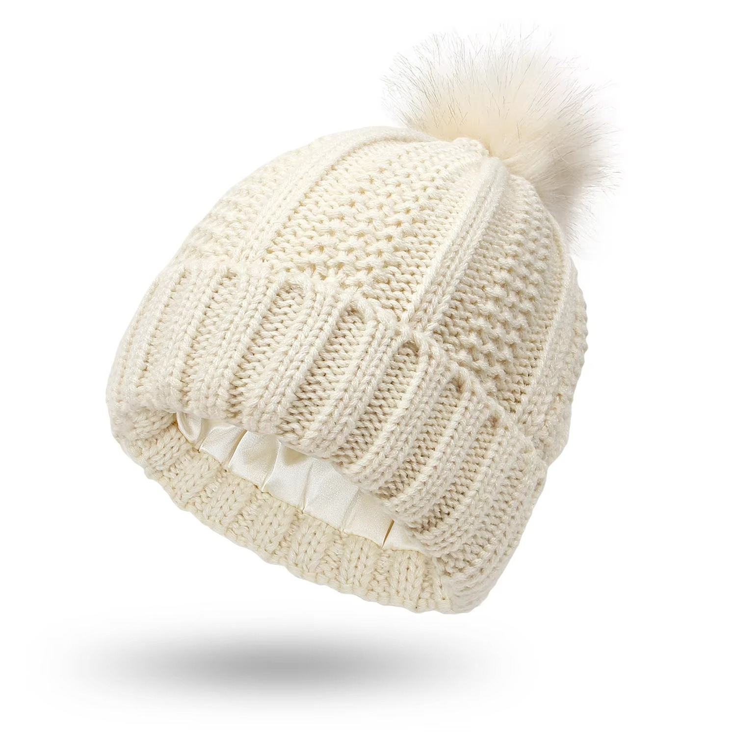 Winter Warm Knitted Beanie with Faux Fur Pom and Satin Lining