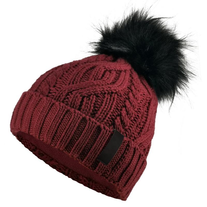 Winter Warm Knit Pom Beanie with Faux Fur Trim