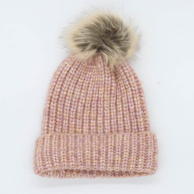 Thick Cable Knit Cuffed Beanie with Faux Fur Pom Pom