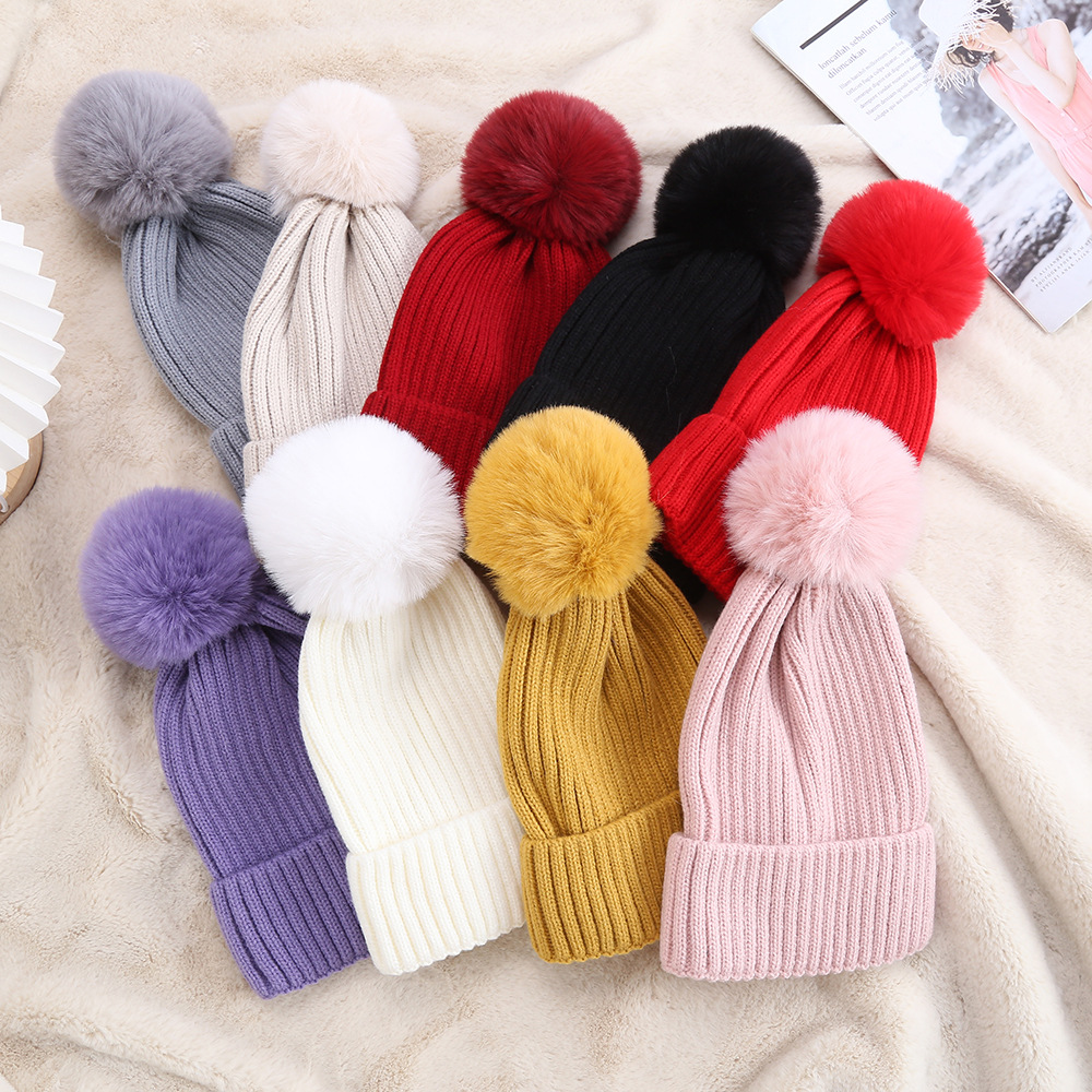 Colorful Faux Fur Pom Pom Beanie – Warm Ribbed Winter Knit Hat