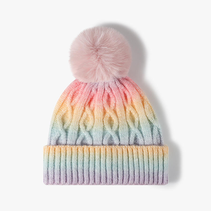Rainbow Gradient Cable Knit Beanie with Faux Fur Pom Pom