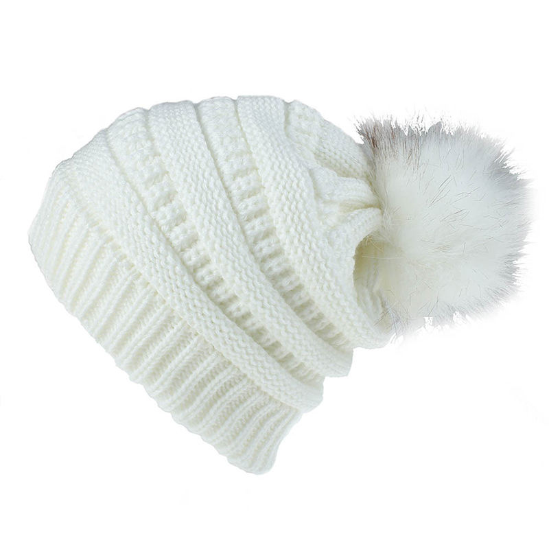 Winter Cable Knit Faux Fur Pom Pom Cuffed Beanie Hat