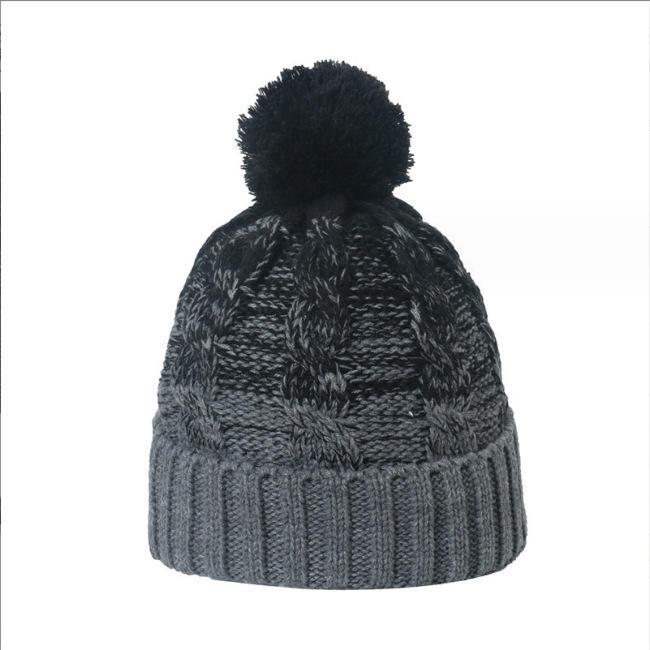 Gradient Cable Knit Pom Pom Beanie with Cuffed Ribbed Hem