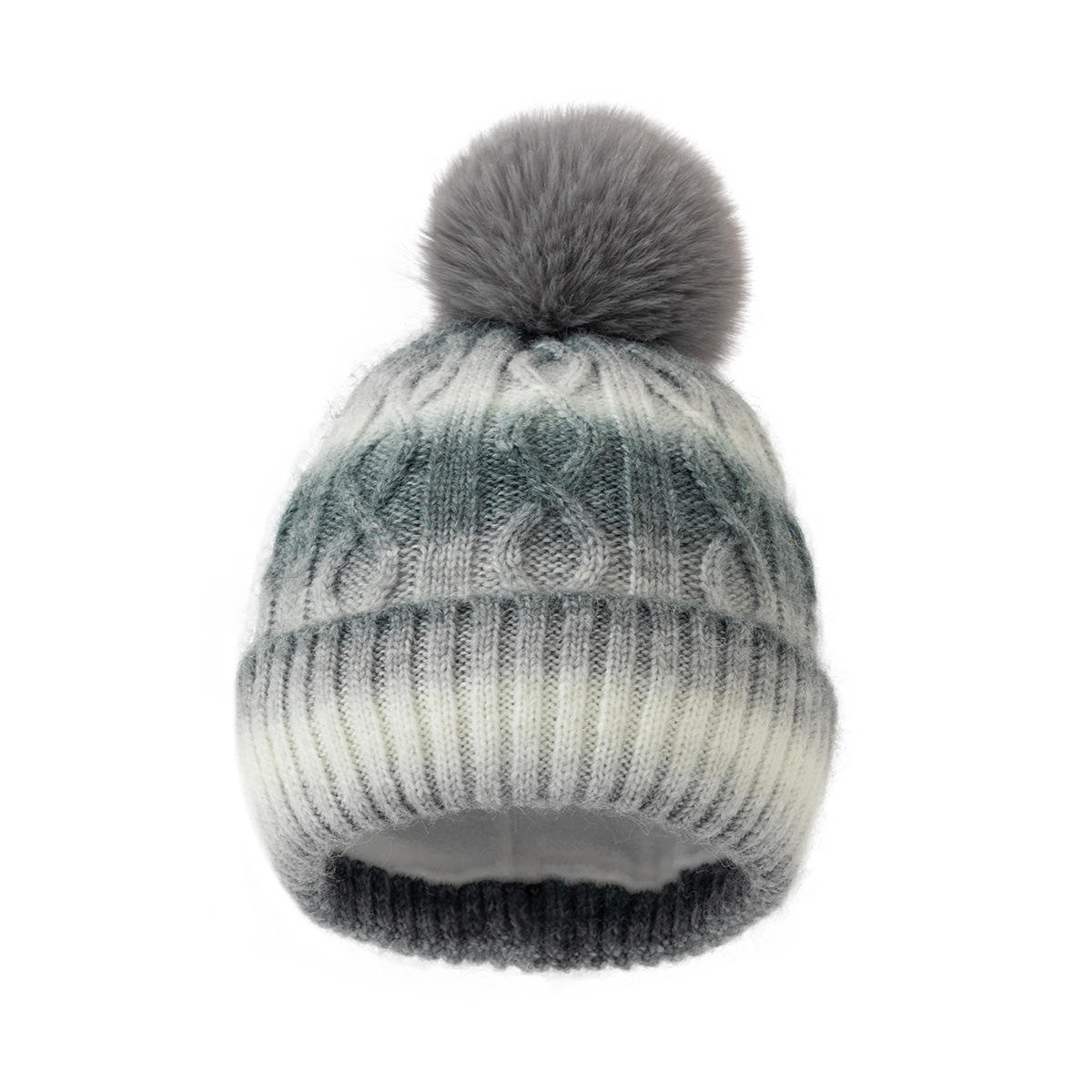 Thick Cable Knit Cuffed Beanie with Faux Fur Pom Pom