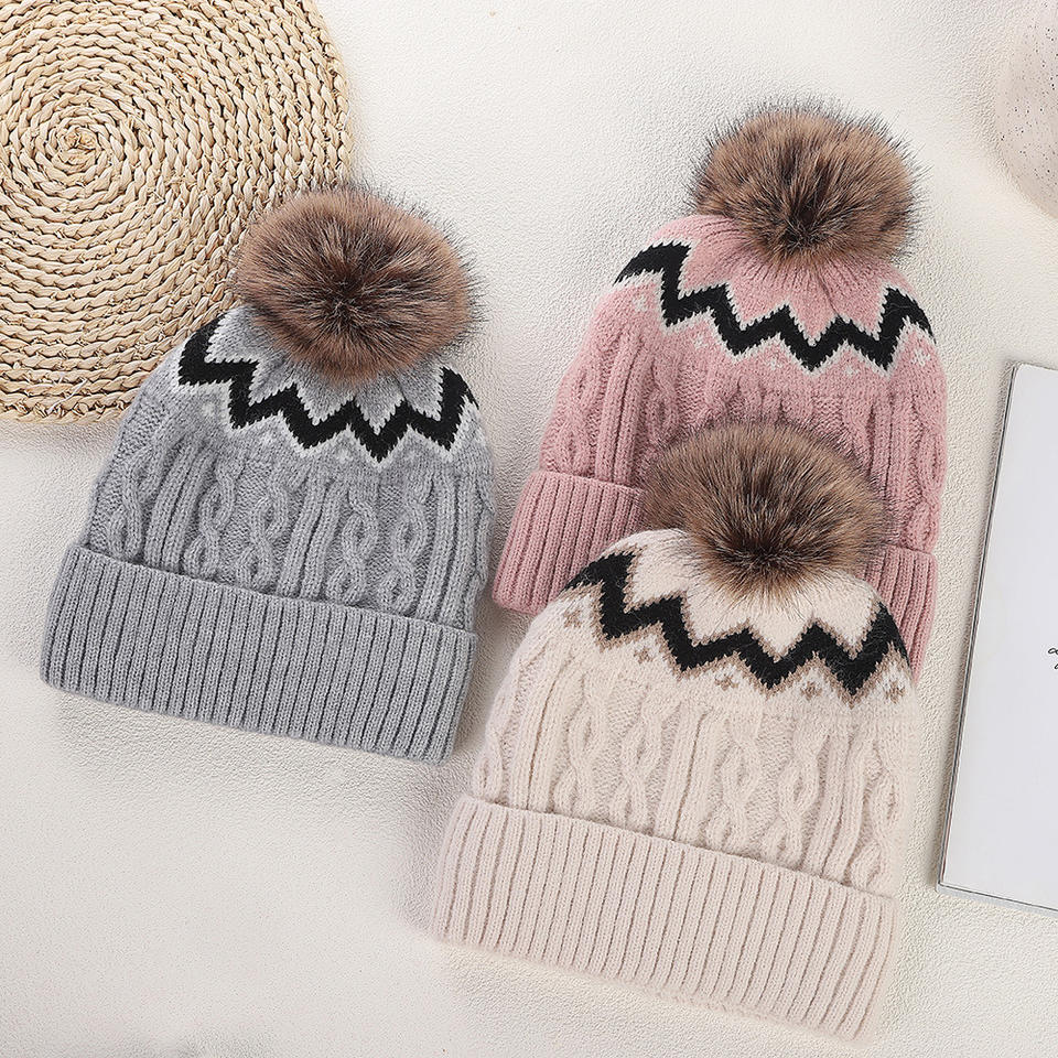 Winter Cable Knit Cuffed Beanie with Faux Fur Pom Pom for Women and Men