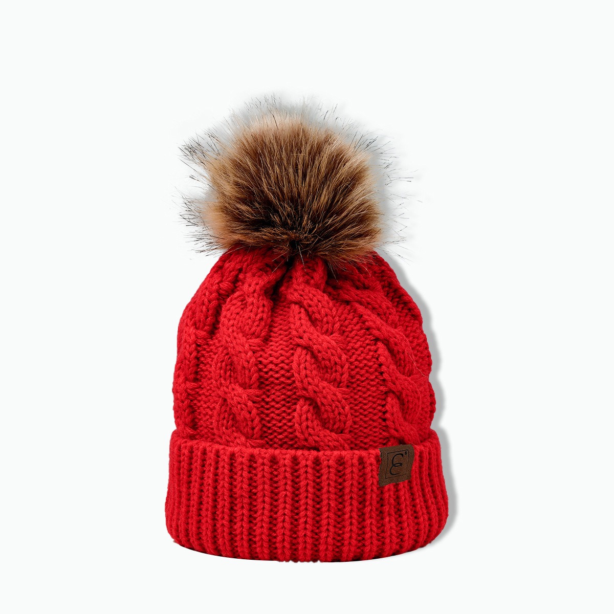 Winter Cable Knit Faux Fur Pom Pom Beanie Hat for Women Soft Warm Cuffed Skull Cap