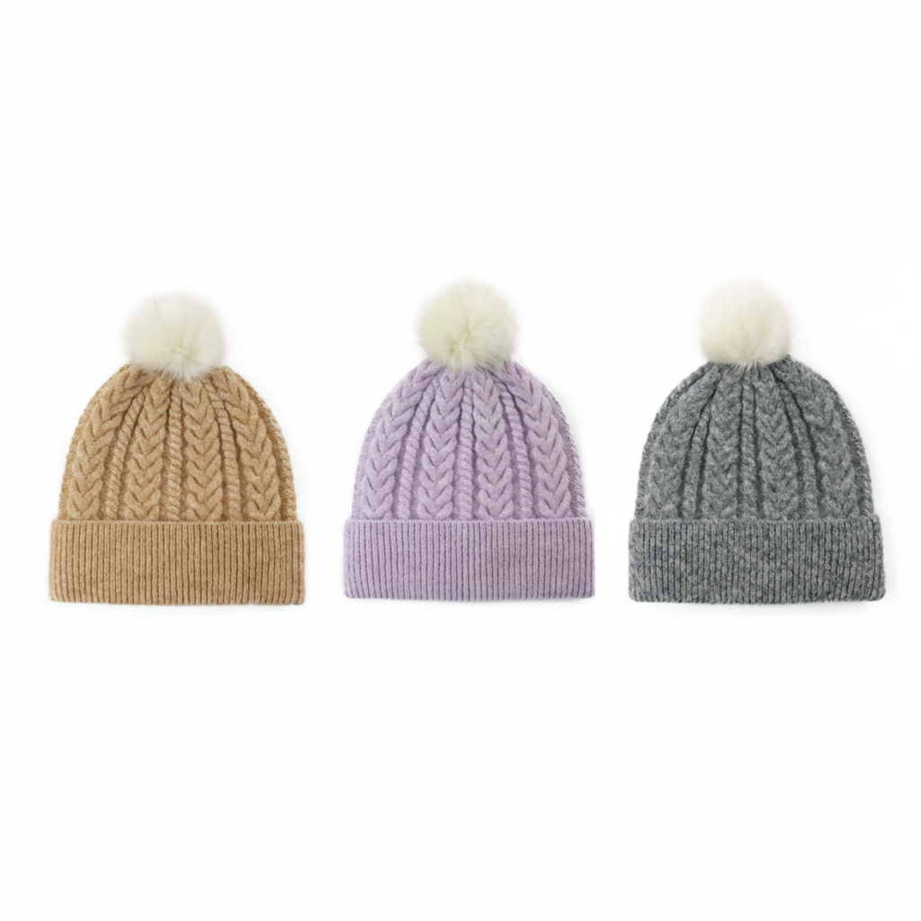 Winter Cable Knit Beanie with Faux Fur Pom Pom for Women