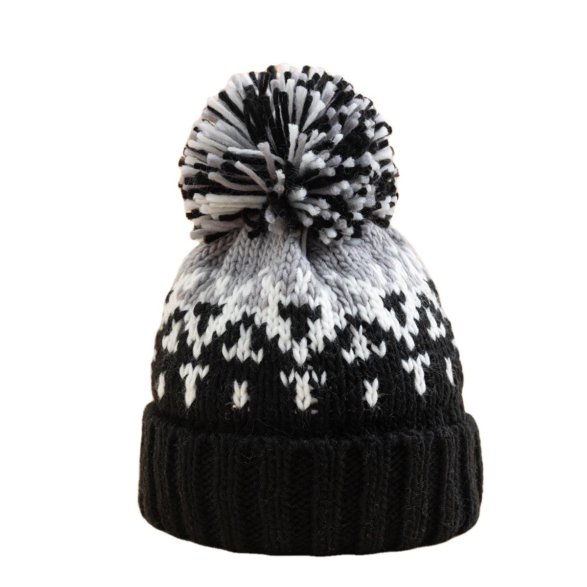 Multicolor Winter Knit Beanie Hat with Pom Pom and Nordic Pattern