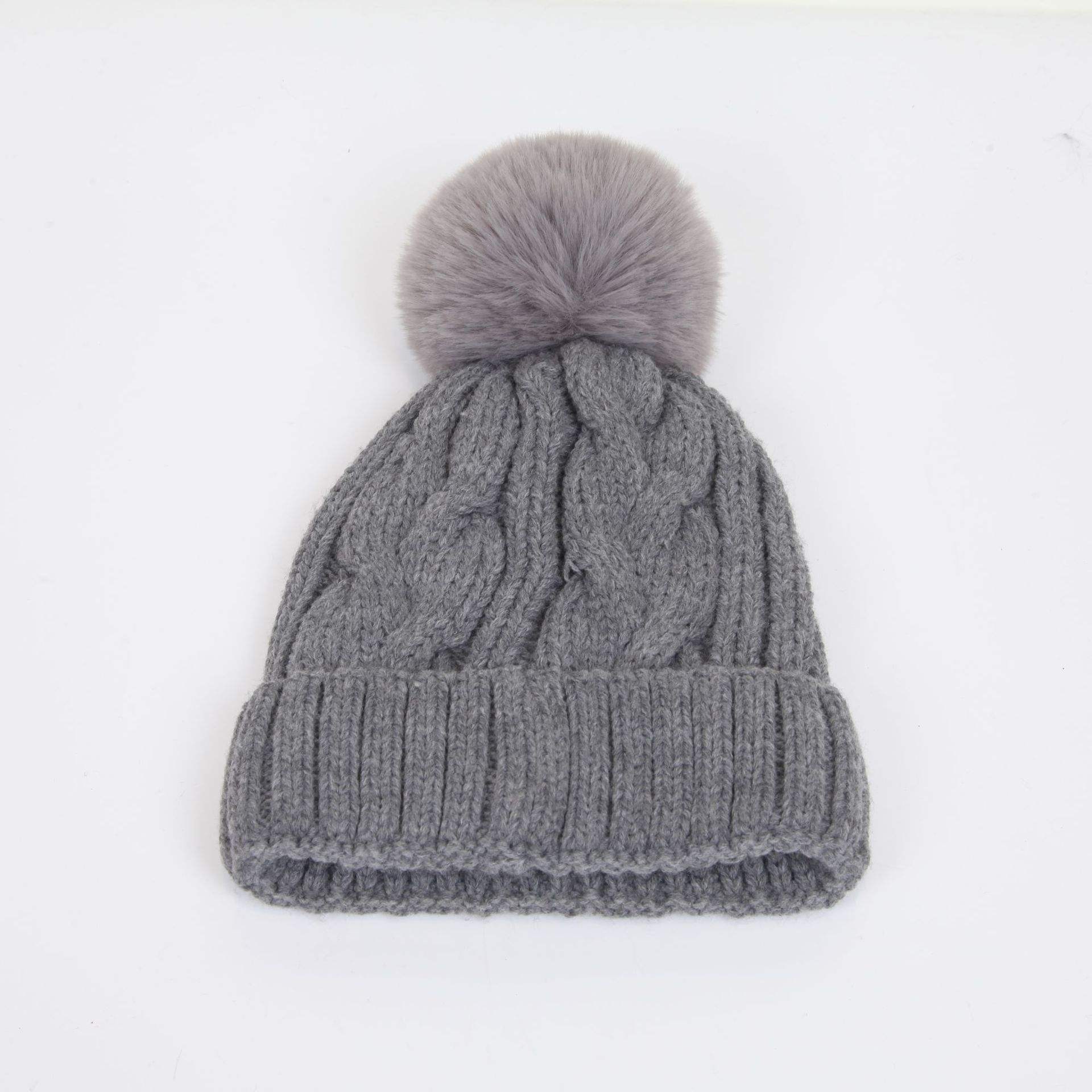 Winter Warm Chunky Knit Beanie with Faux Fur Pom Pom