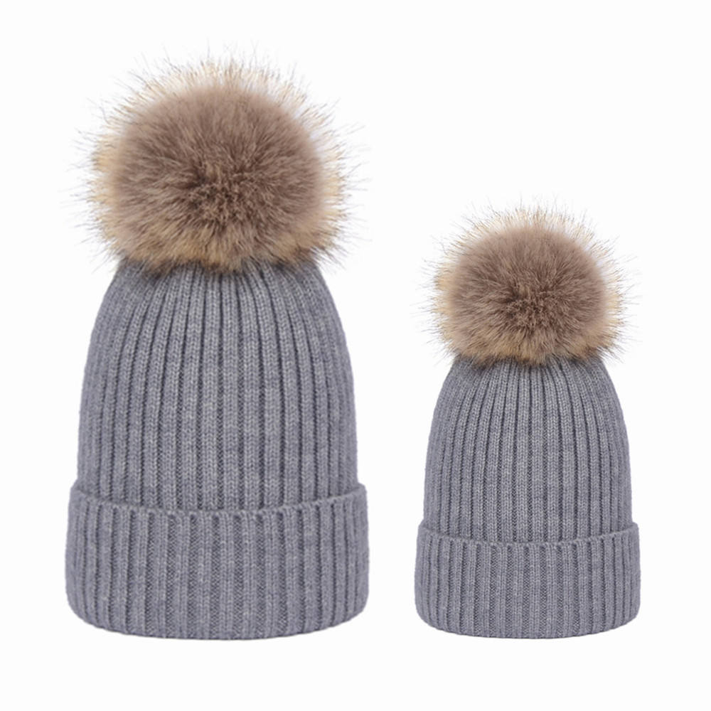 Warm Winter Knit Pom Pom Hat – Adult & Kid Matching Beanie Set