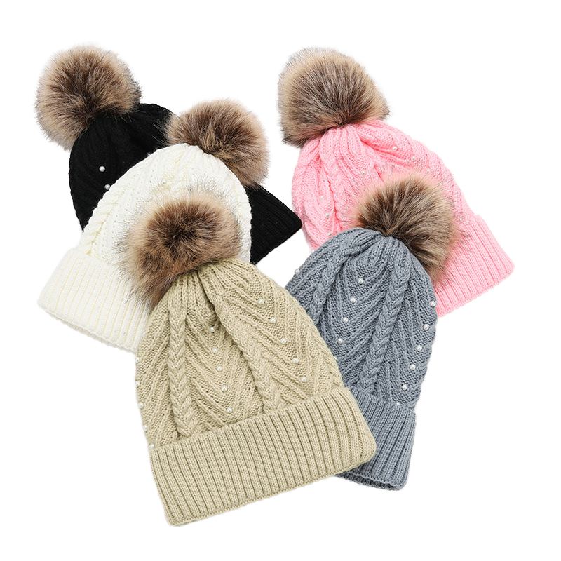 Women’s Cable Knit Cuffed Beanie with Faux Fur Pom Pom for Winter