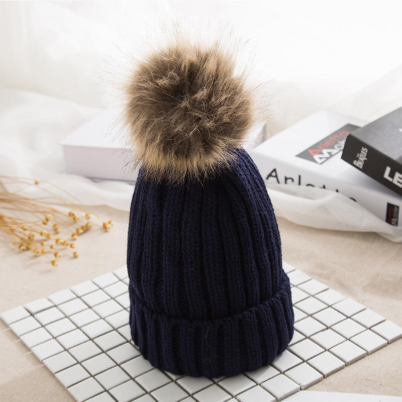 Winter Warm Ribbed Beanie Hat with Faux Fur Pom – Cuffed Knit Cap