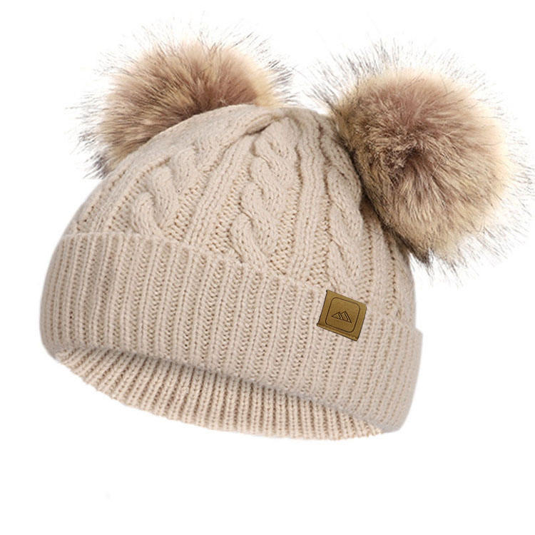 Warm Winter Cable Knit Double Pom Pom Beanie Hat for Kids & Adults