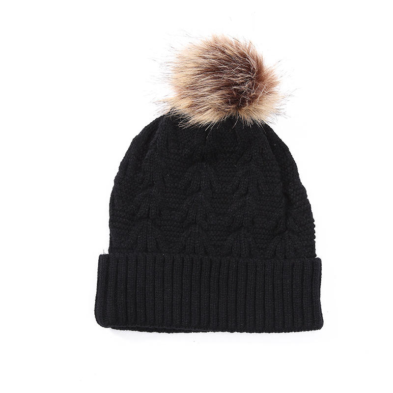 Winter Cable Knit Pom Pom Beanie Hat with Faux Fur