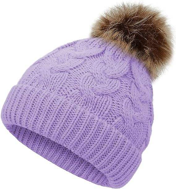 Winter Cable Knit Pom Pom Beanie Hat for Women Warm Soft Stretch Skull Cap