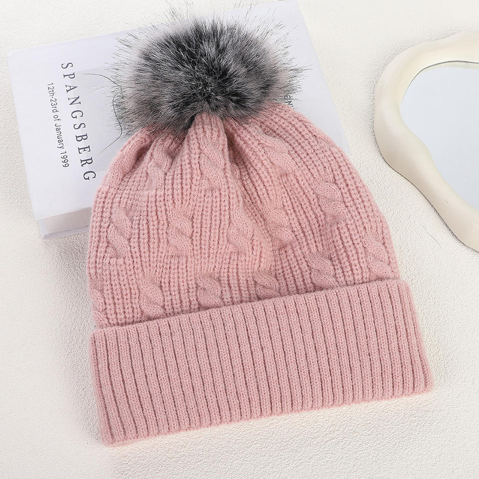 Winter Knit Beanie with Faux Fur Pom – Warm Cuffed Hat for Cold Weather