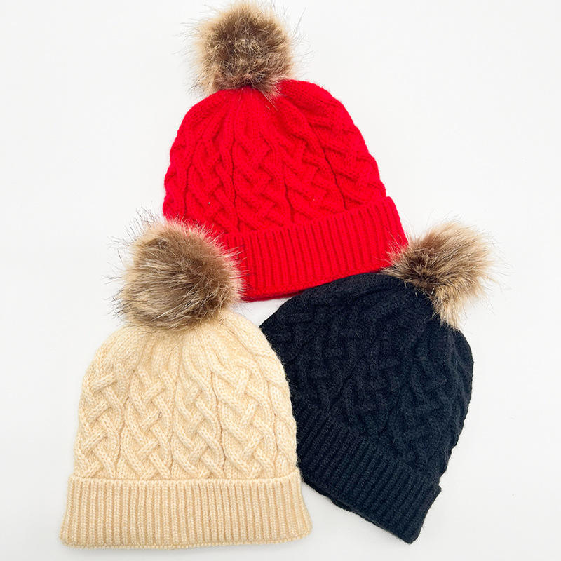 Winter Cable Knit Cuffed Pom Pom Beanie Hat