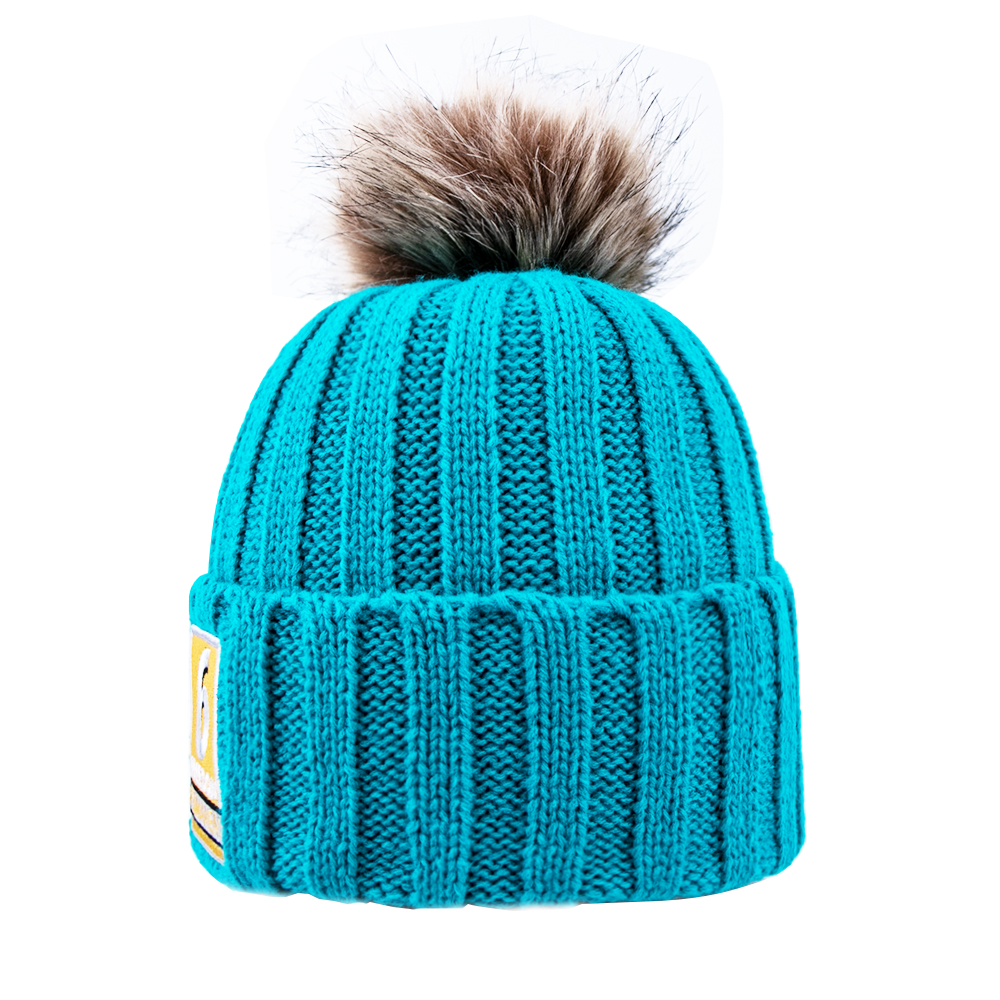 Blue Ribbed Knit Beanie with Faux Fur Pom and Embroidered Patch