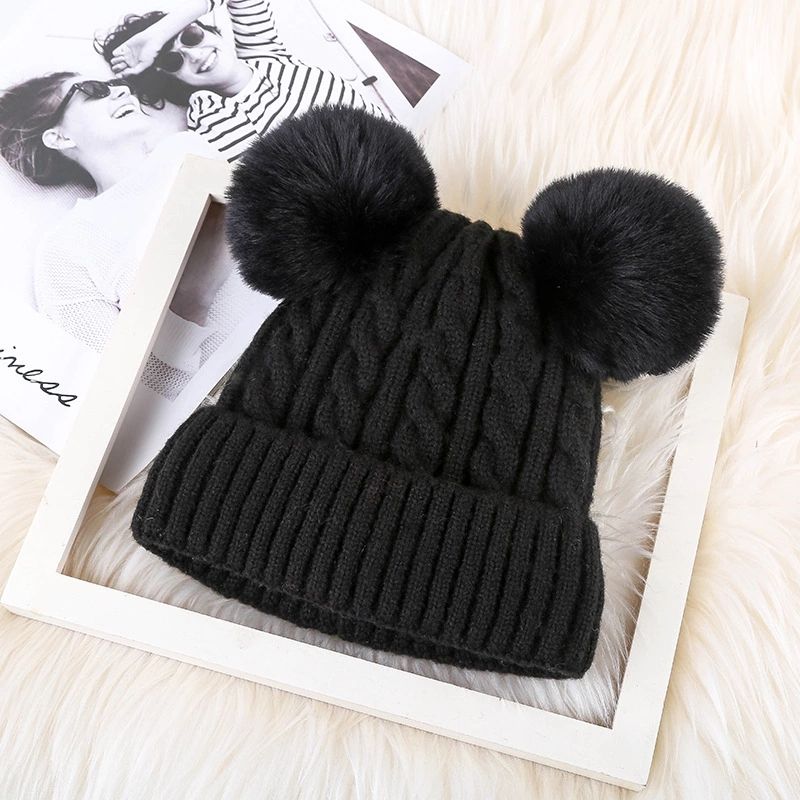Double Pom Pom Soft Knit Winter Beanie for Kids and Adults