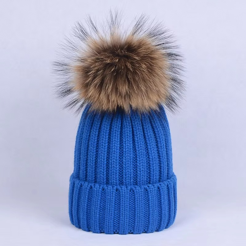 Winter Ribbed Knit Beanie with Faux Fur Pom Pom – Cuffed Warm Hat for Cold Weather