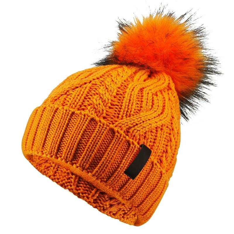 Winter Warm Knit Pom Beanie with Faux Fur Trim