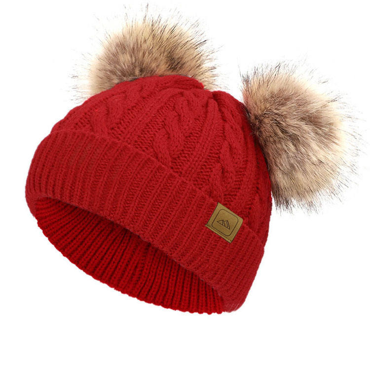 Warm Winter Cable Knit Double Pom Pom Beanie Hat for Kids & Adults