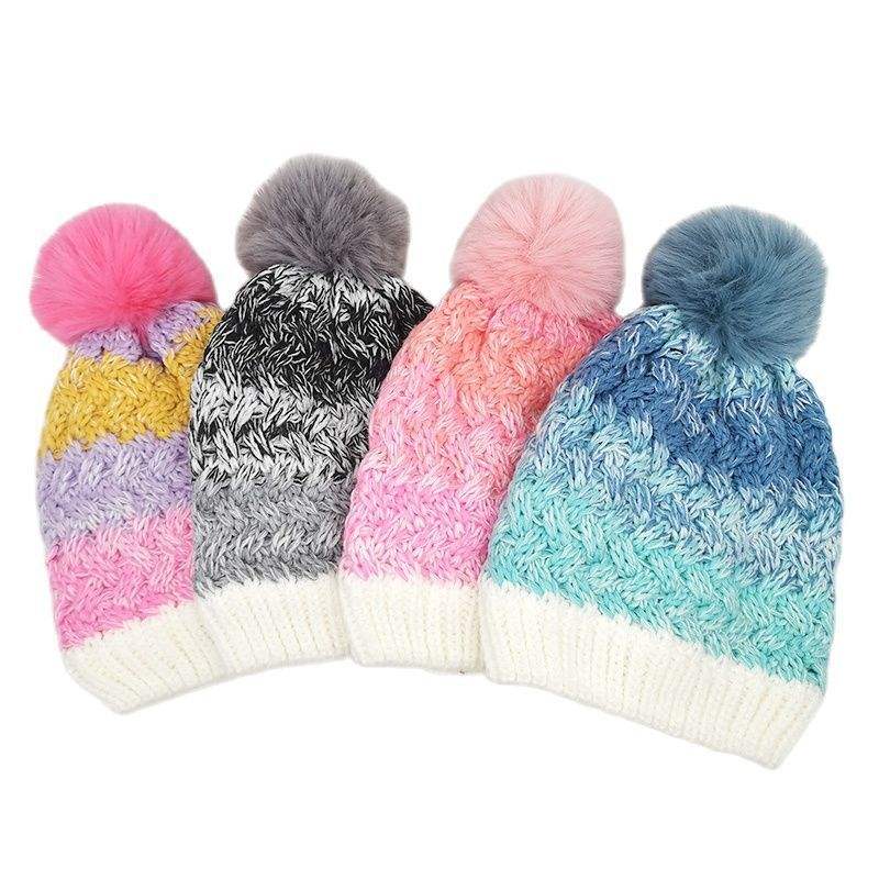 Colorful Gradient Cable Knit Beanie with Faux Fur Pom Pom Winter Hat