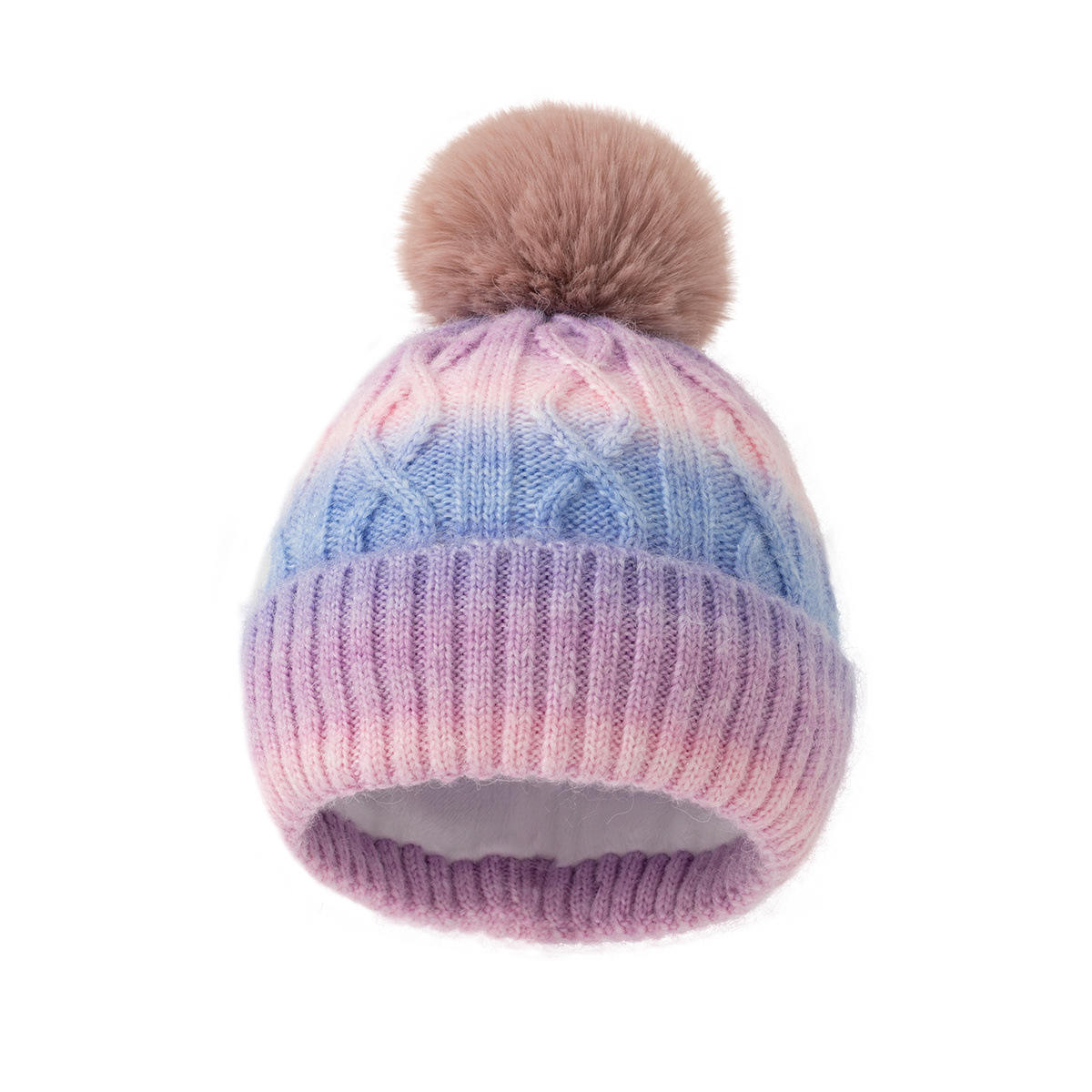 Thick Cable Knit Cuffed Beanie with Faux Fur Pom Pom