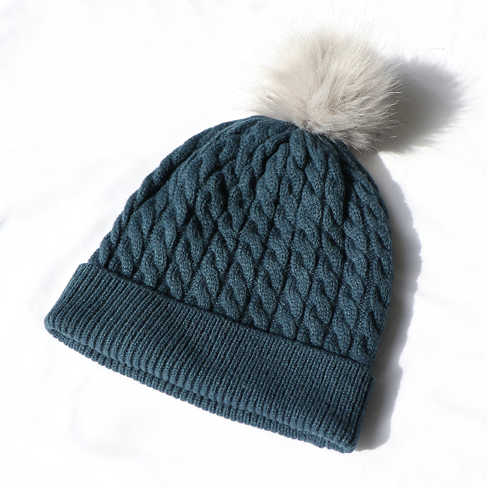 Winter Cable Knit Beanie with Faux Fur Pom Pom