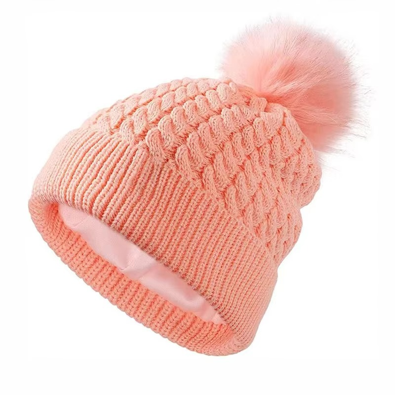 Winter Warm Knitted Beanie with Faux Fur Pom and Satin Lining