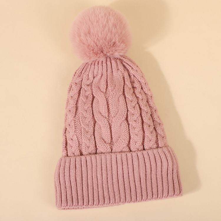 Winter Cable Knit Beanie Hat with Faux Fur Pom Pom