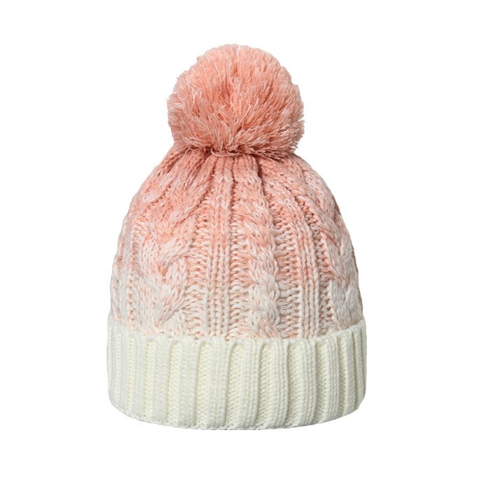 Gradient Cable Knit Pom Pom Beanie with Cuffed Ribbed Hem