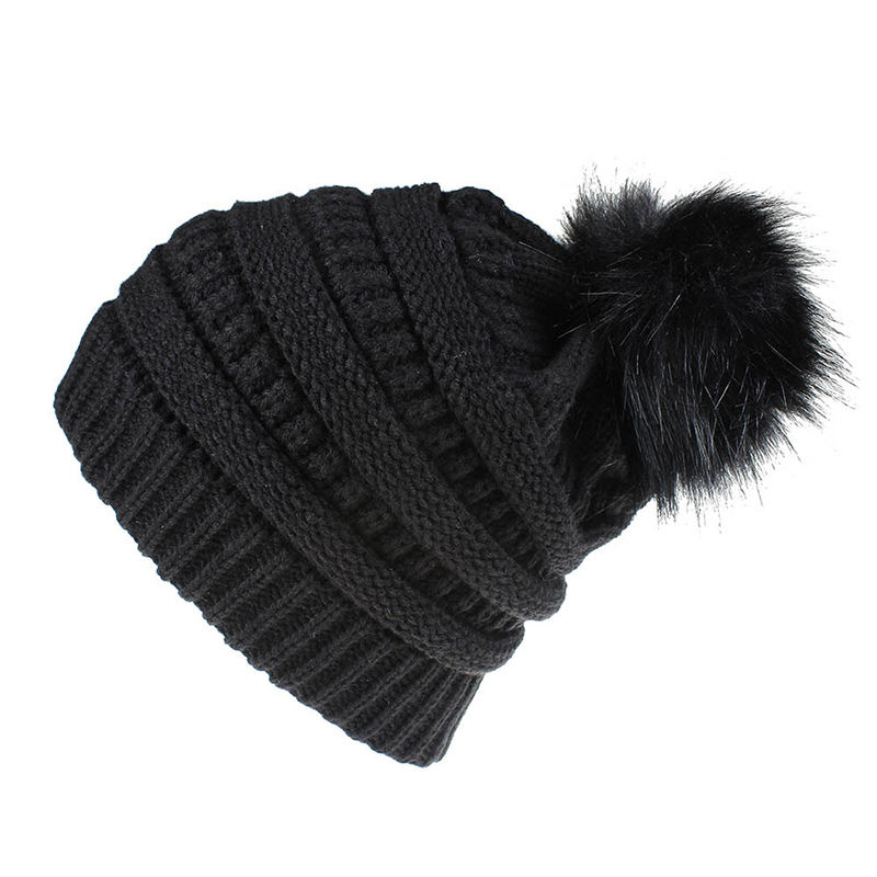 Winter Cable Knit Faux Fur Pom Pom Cuffed Beanie Hat