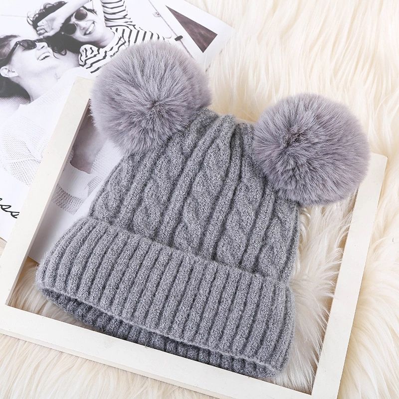 Double Pom Pom Soft Knit Winter Beanie for Kids and Adults