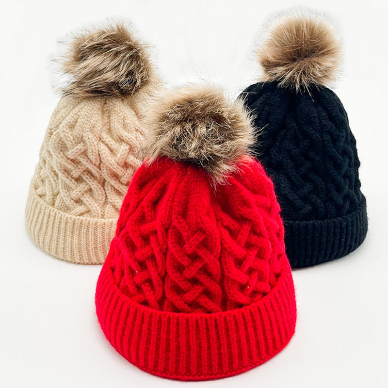 Winter Cable Knit Cuffed Pom Pom Beanie Hat