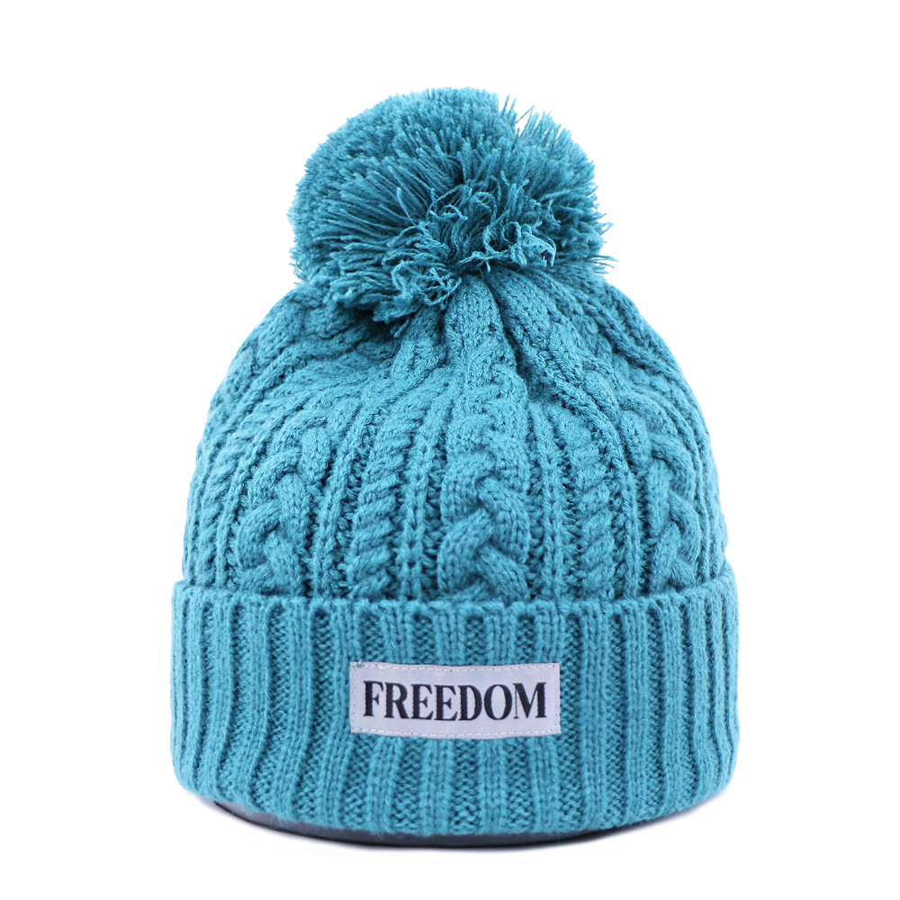 Blue Cable Knit Pom Pom Beanie with FREEDOM Patch