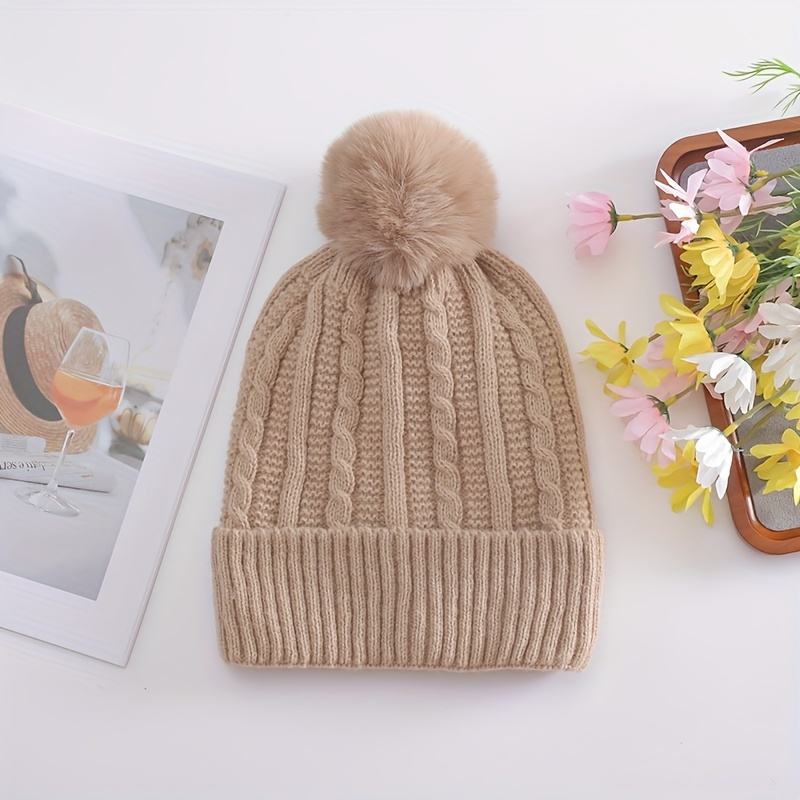 Winter Warm Knit Beanie Hat with Faux Fur Pom Pom – Multiple Colors
