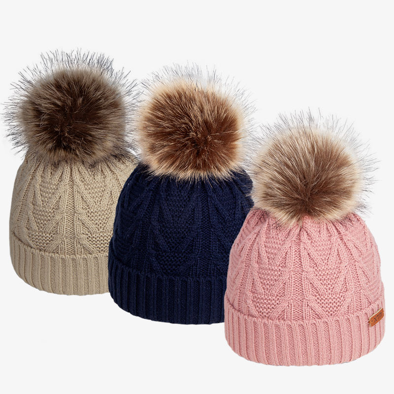 Winter Cable Knit Pom Pom Beanie Hat with Cuffed Ribbed Design