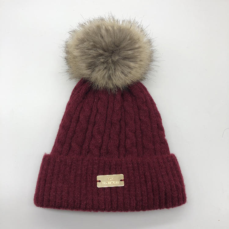 Winter Cable Knit Beanie with Faux Fur Pom — Burgundy