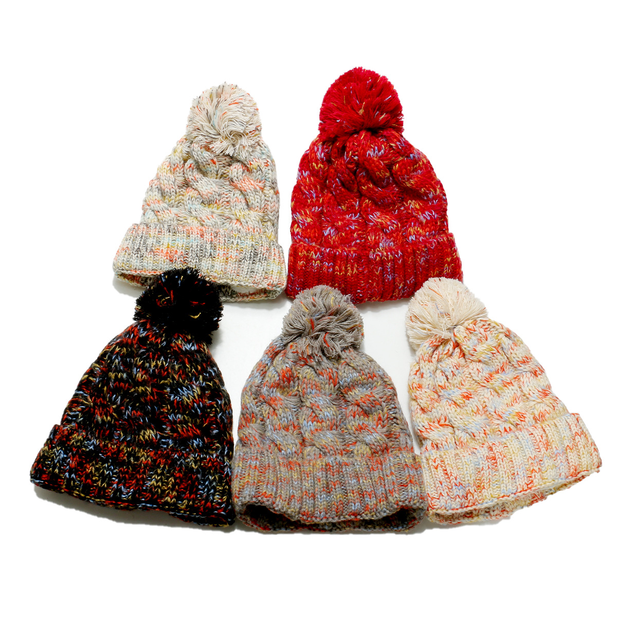 Multicolor Cable Knit Cuffed Pom Pom Winter Beanie Set