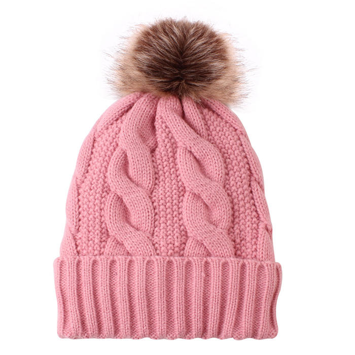 Faux Fur Pom-Pom Cable Knit Cuffed Winter Beanie Hat