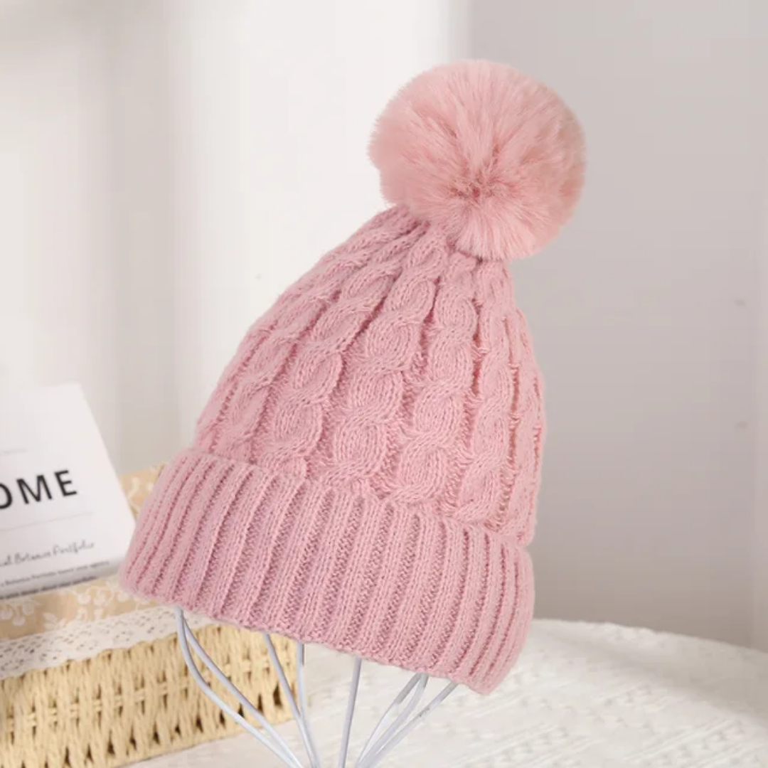 Winter Warm Knit Beanie Hat with Faux Fur Pom for Women - Soft Ribbed Cuffed Style