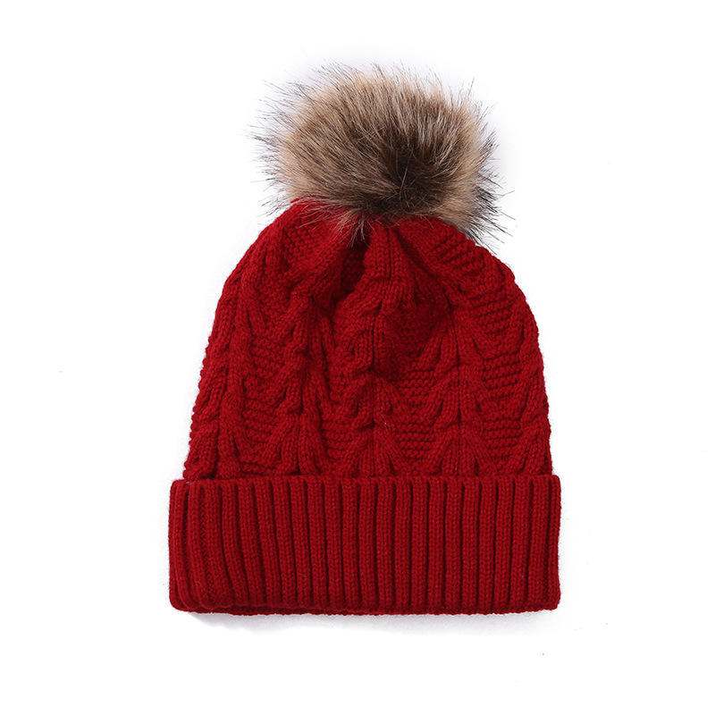Winter Cable Knit Pom Pom Beanie Hat with Faux Fur