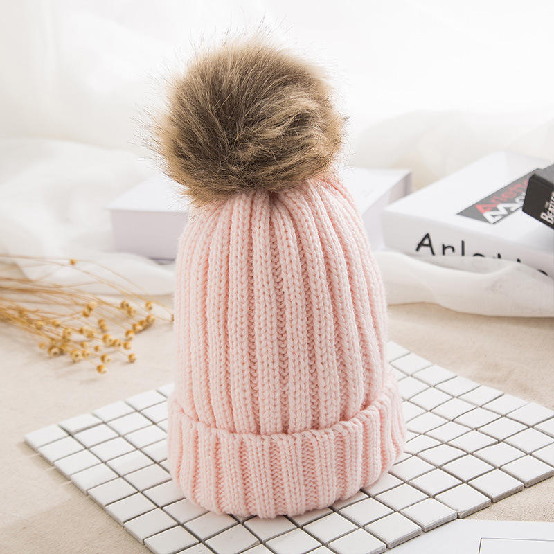 Winter Warm Ribbed Beanie Hat with Faux Fur Pom – Cuffed Knit Cap